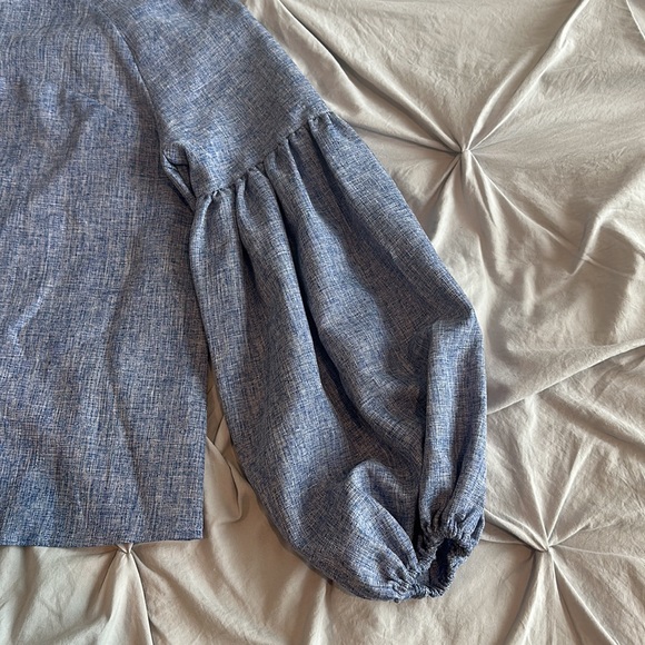 SHEIN Blue Cambray Long Puff Sleeve Crew Neck Blouse - Picture 2 of 5